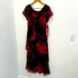 NWT Black & Red Asymmetrical Cowl Dress with Sleeves and sequin flowers sz L